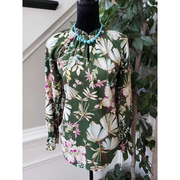 Kaari Blue Tops - Kaari Blue Women's Green Floral Polyester V-Neck Long Sleeve Top Blouse Small